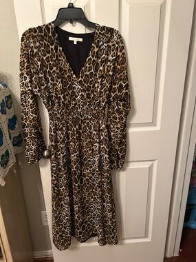 Wayf Leopard Print Long Sleeve V-Neck Dress - Brown & Black xs 2/4 fully lined